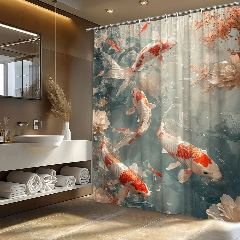 rideau douche moderne poissons koi fleurs bleu clair orange anneaux fixation 180x180cm opacité