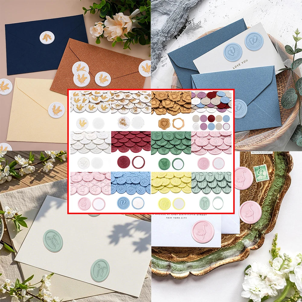 timbres cire classiques adhésifs blanc bleu doré rose feuilles empreintes pieds roses enveloppes cartes