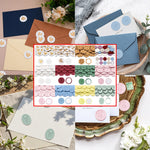 timbres cire classiques adhésifs blanc bleu doré rose feuilles empreintes pieds roses enveloppes cartes