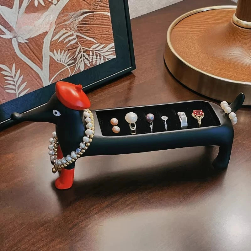 porte bijoux chien dachshund résine vintage noir blanc ludique décoration