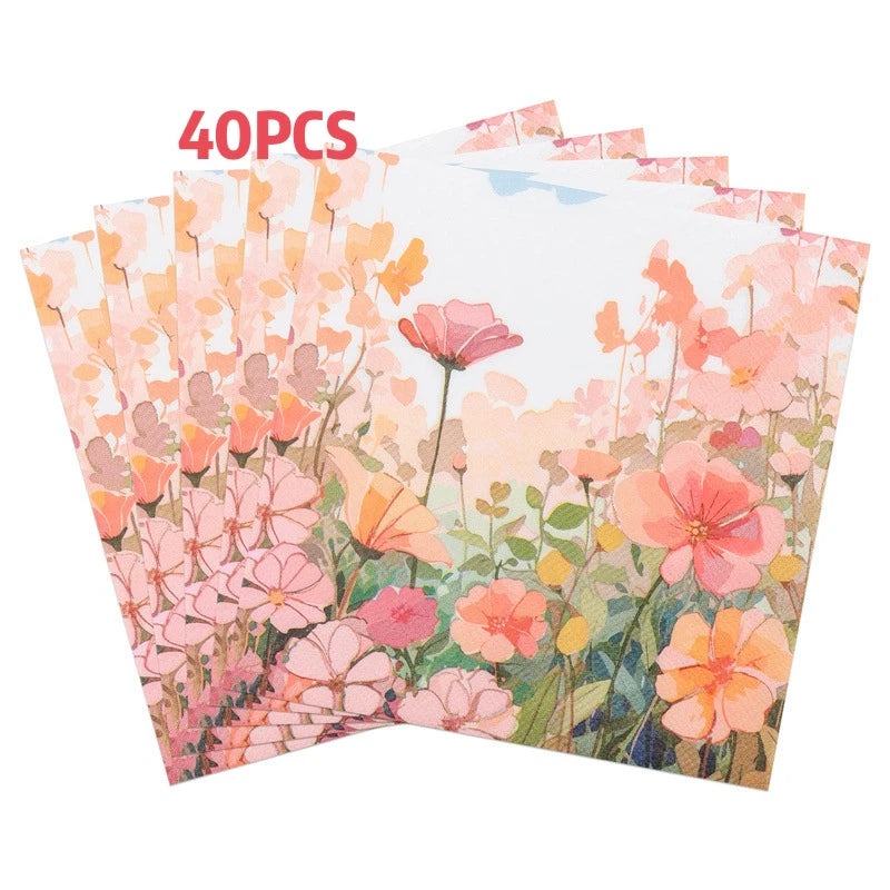 serviettes rose fleurs feuilles tissu festif opalescent pack 40 pièces 16.5cm 16.5cm illustration naturelle