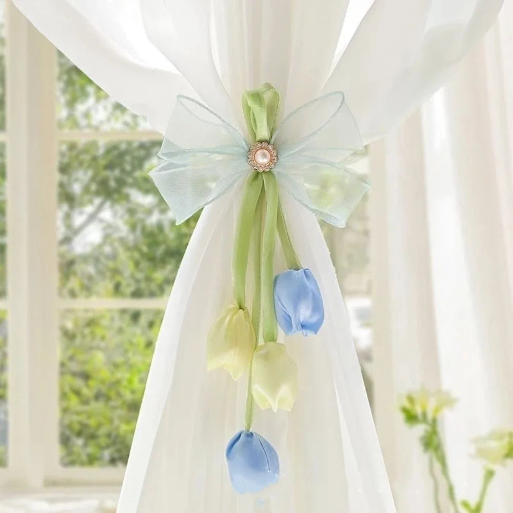 ruban fenêtre décoratif tulipes fleurs blanc vert bleu jaune rose fixe translucide polyester