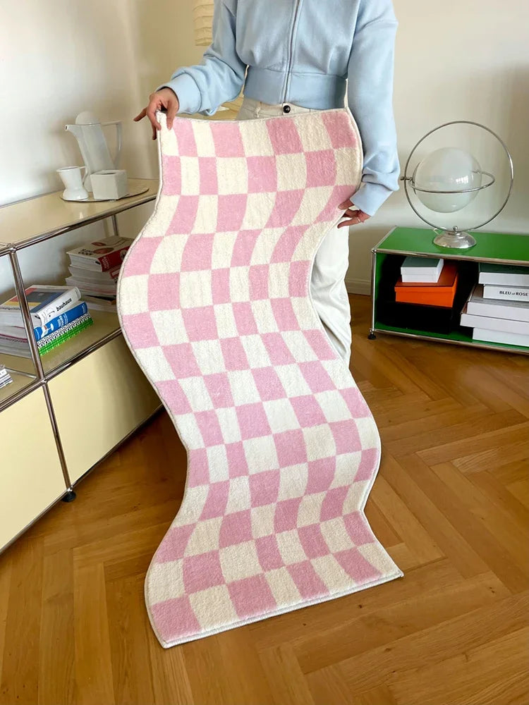 tapis ondulé checkerboard contemporain rose bleu duveteux antidérapant extérieur chambre