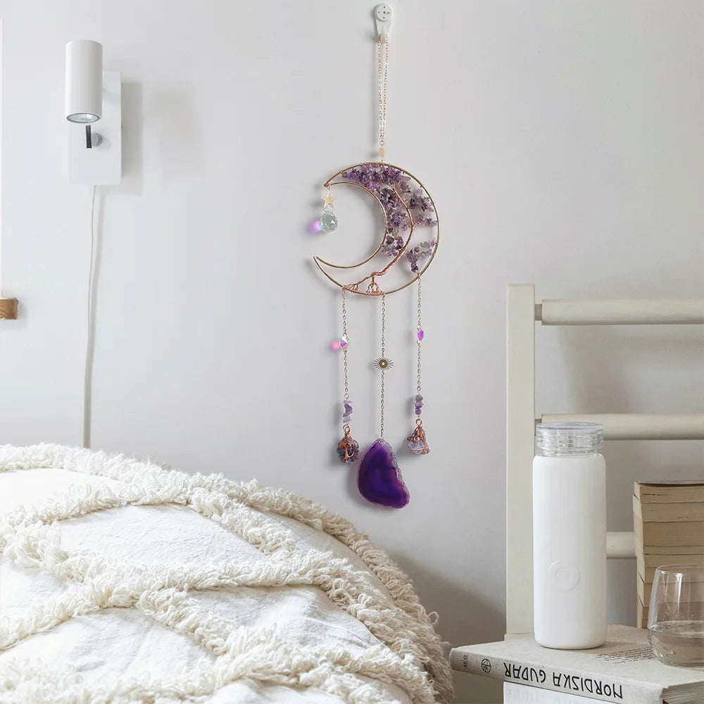 mobile mural décoratif boho lune pierres semi précieuses or violet vert rose blanc doré