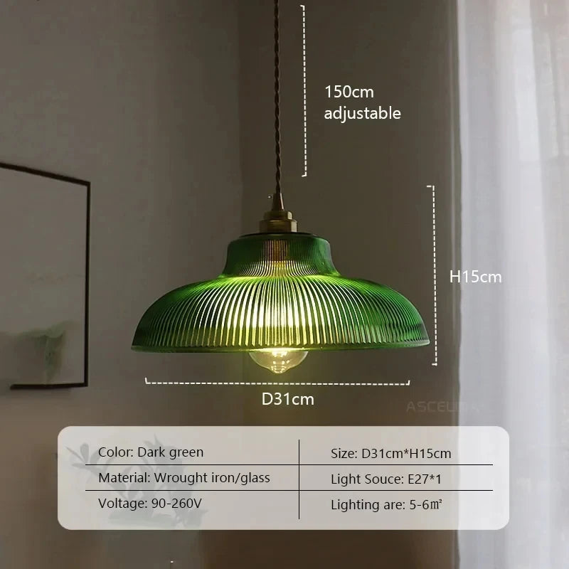 lampe suspendue vert moderne ampoule chaîne métallique rayures verticales salon chambre hall