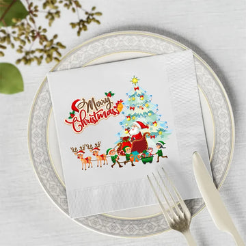 serviettes papier noël blanches motif arbre cadeaux rennes lutins fête décoration table