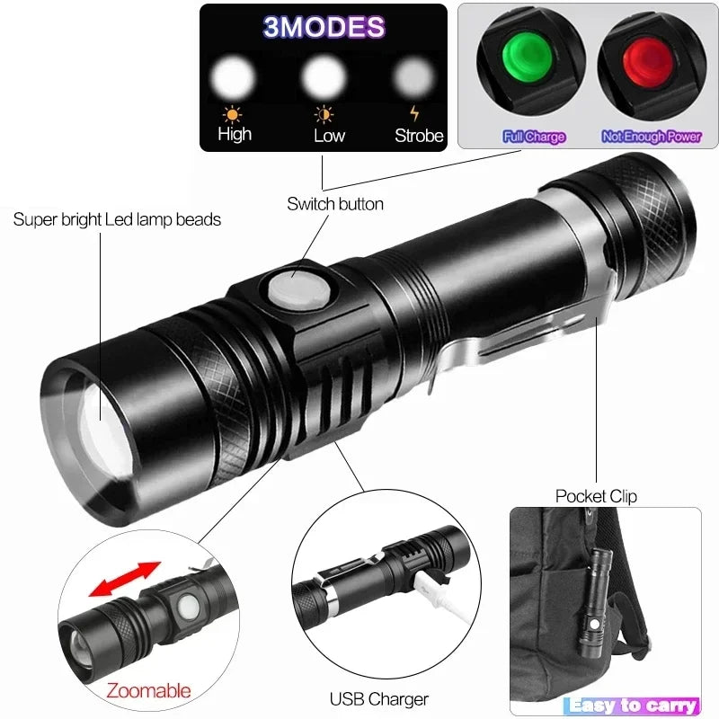 torches led rechargeables tactiques zoom ip65 camping outdoor deux pièces