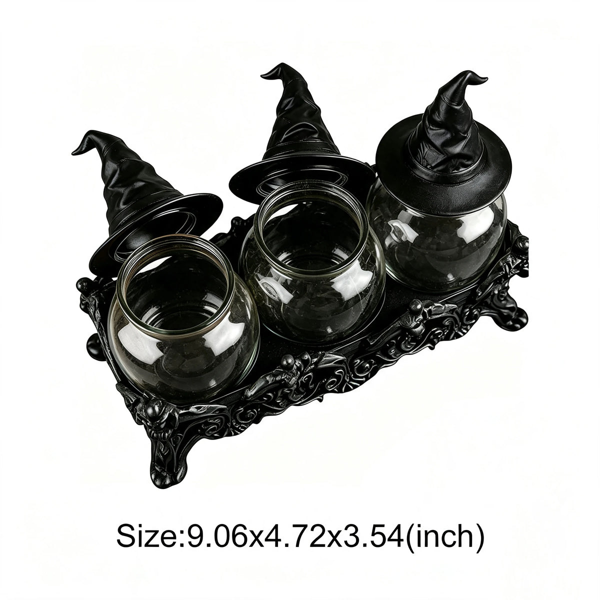 pots épices verre transparent couvercle chapeau sorcière présentoir motif floral gothique