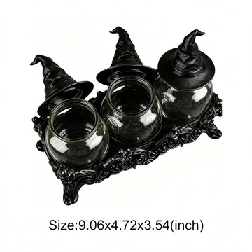 pots épices verre transparent couvercle chapeau sorcière présentoir motif floral gothique