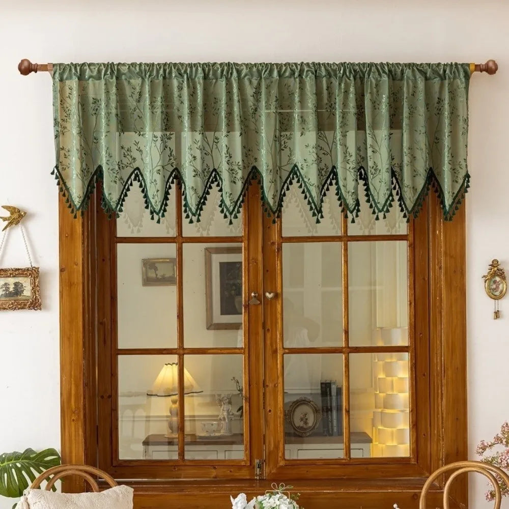 rideau transparent vert floral rustique tringle bois extérieur classique polyester