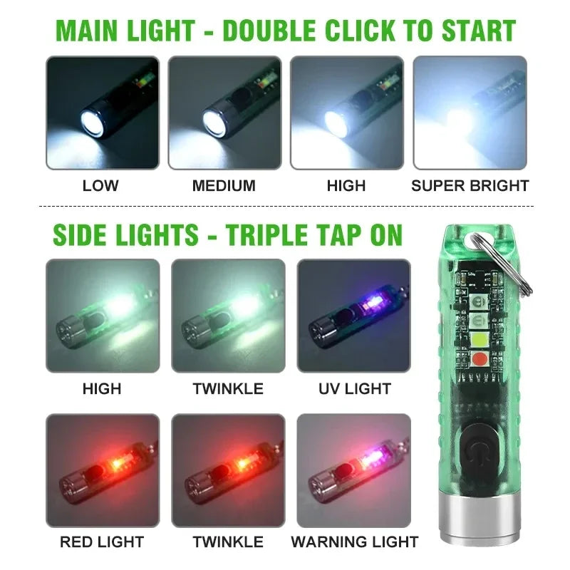 mini lampe poche rechargeable led argentée verte bleue portable annneau porte cle compact