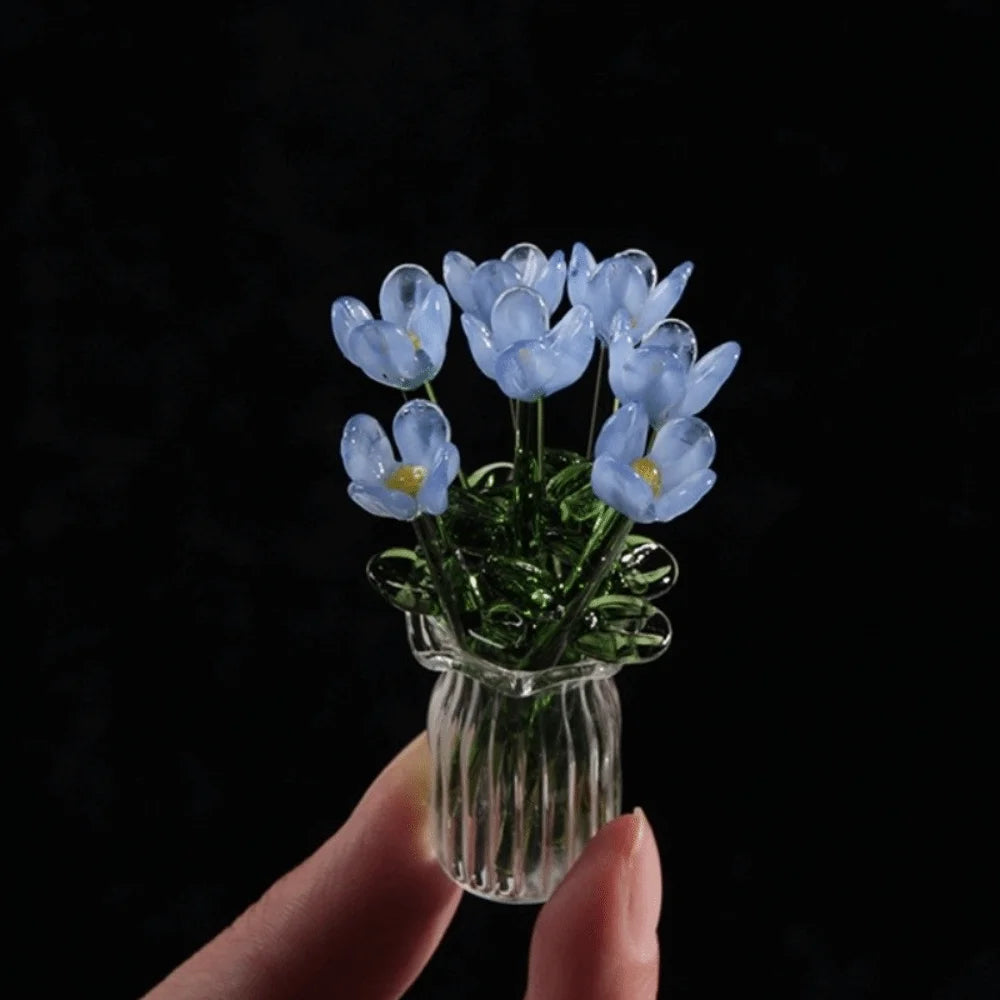 bouquet artificiel violet jaune vert blanc bleu orange feuilles vertes miniature vase transparent six