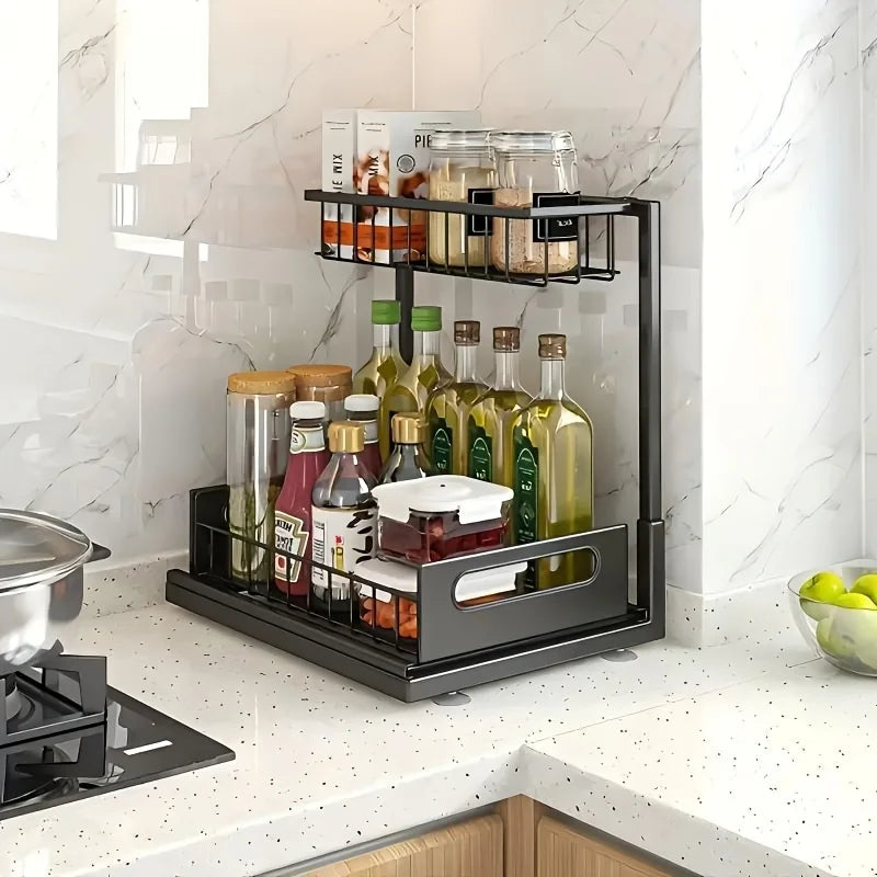 rangements étagère sous évier métal gris moderne boîtes bouteilles conserves sauces fixations