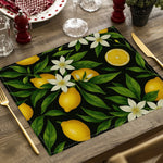 tapis table lin citrons feuilles fleurs blanches été printemps moderne naturel