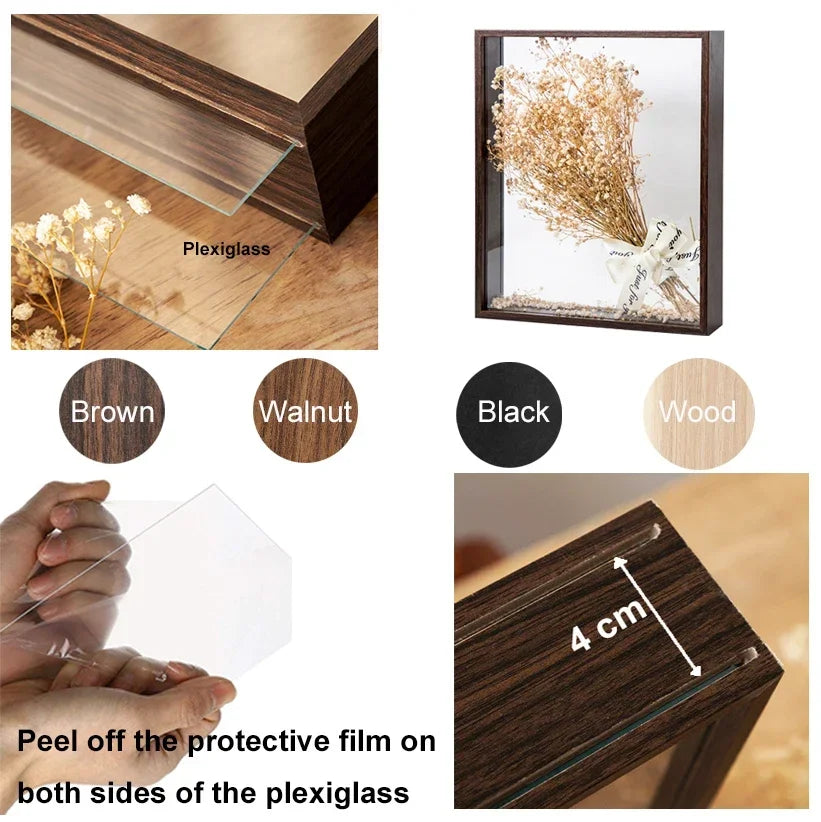 cadre bois moderne fleurs séchées transparent verre beige brun inch đen