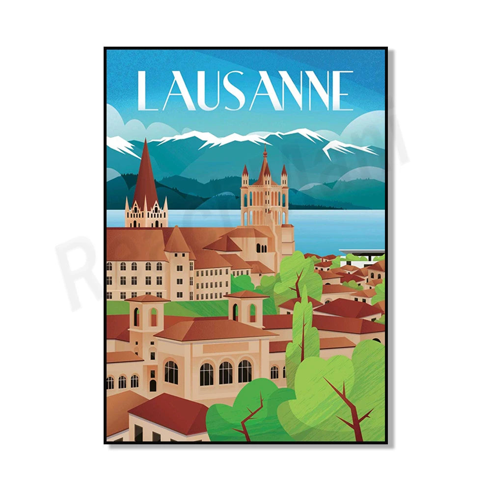 Illustration touristique colorée de Lausanne, en Suisse, avec des bâtiments historiques, des montagnes enneigées et un lac.