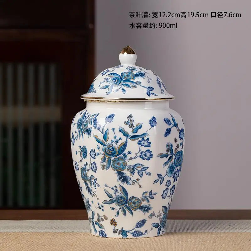 pot thé céramique bleu marine blanc fleurs dorées couvercle classique
