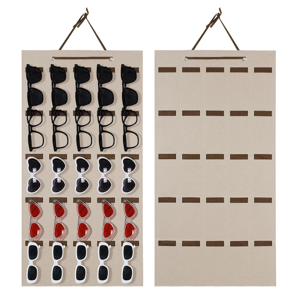 présentoir mural suspendu organiser lunettes soleil tissu feutre beige noir rouge blanc bleu utilitaire