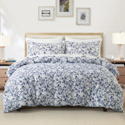 housse couette reversible bleu blanc motifs floraux vintage tissu doux branches fleurs ensemble literie