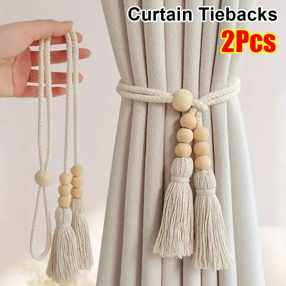 rubans rideau boho chic pompons bois beige clair inclusion accessoires fenêtre modernehôtel