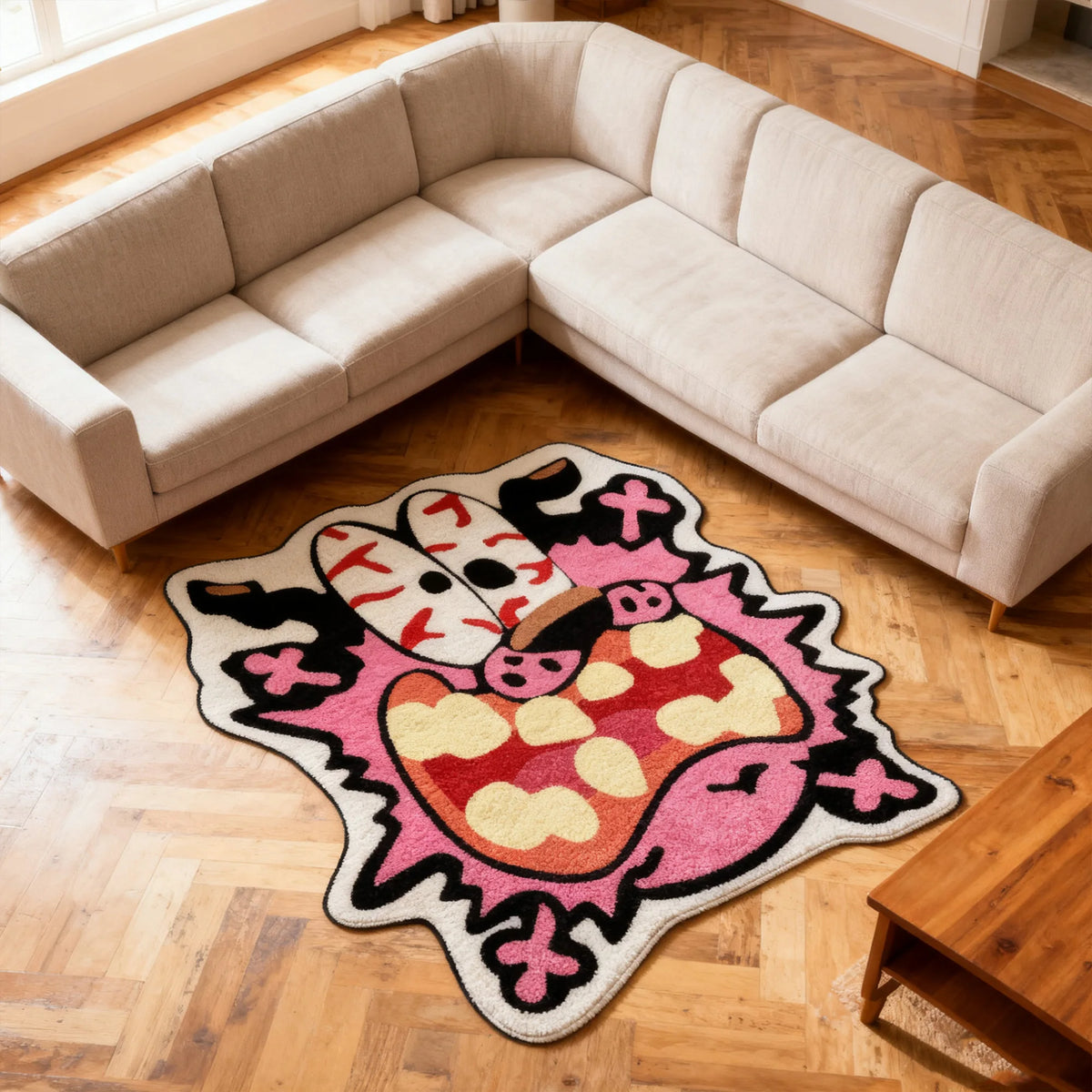 tapis dessin animé polyester antidérapant moderne rose noir blanc orange
