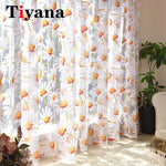 rideaux voilage floral motif marguerites peintes main blanc jaune translucent fenetre chambre