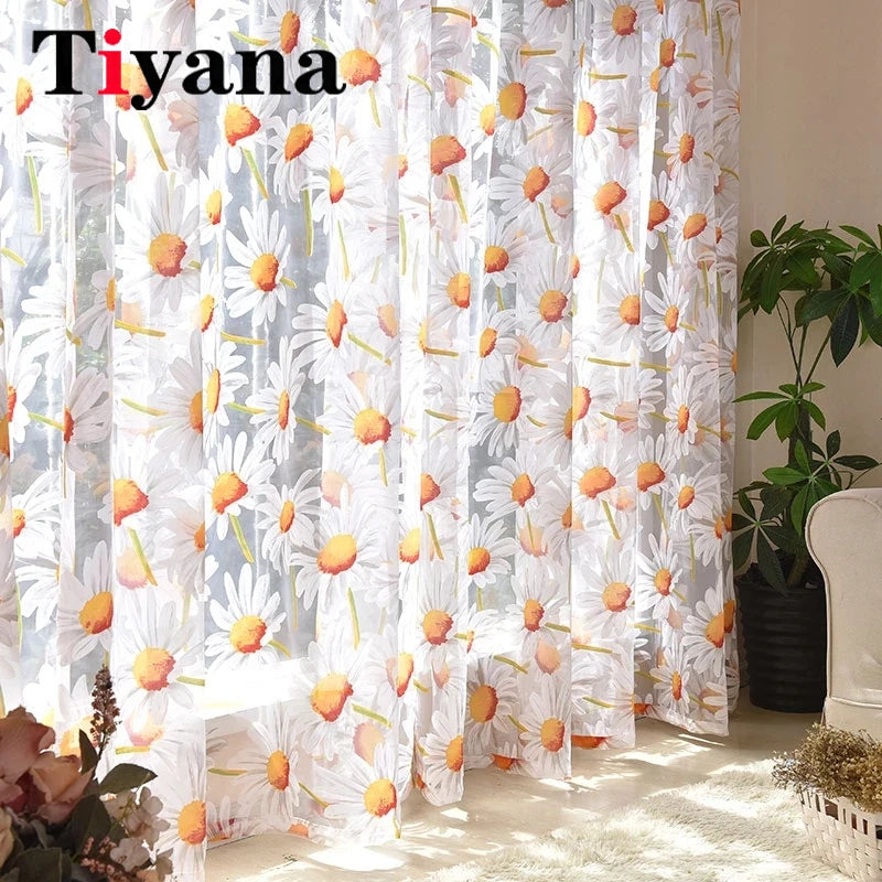 rideaux voilage floral motif marguerites peintes main blanc jaune translucent fenetre chambre