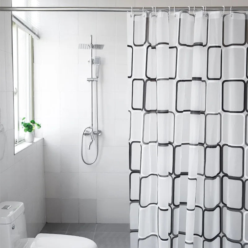 rideau douche géométrique blanc gris moderne anneaux fixation opaquant éva