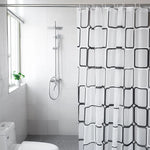 rideau douche géométrique blanc gris moderne anneaux fixation opaquant éva