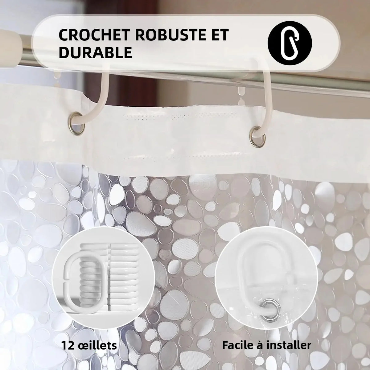rideau douche gris clair motif pierres moderne aimants crochets salle bain
