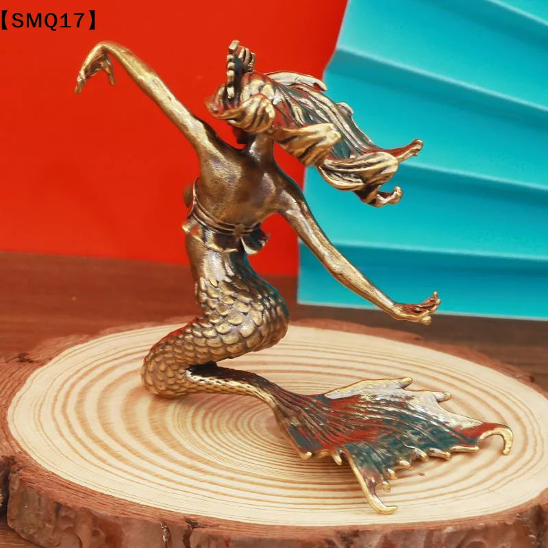 statue sirène émailée écailles bronze or rouge bleu cheveux ondulés support bois décoration maison