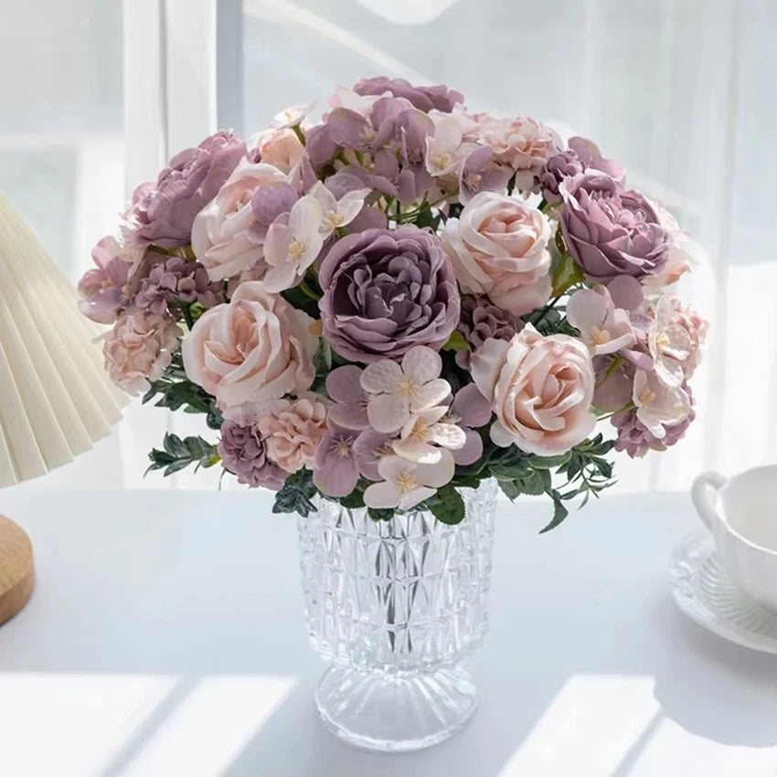 bouquet fleurs artificielles violet rose blanc classique intérieur décoration maison événement anniversaire mariage