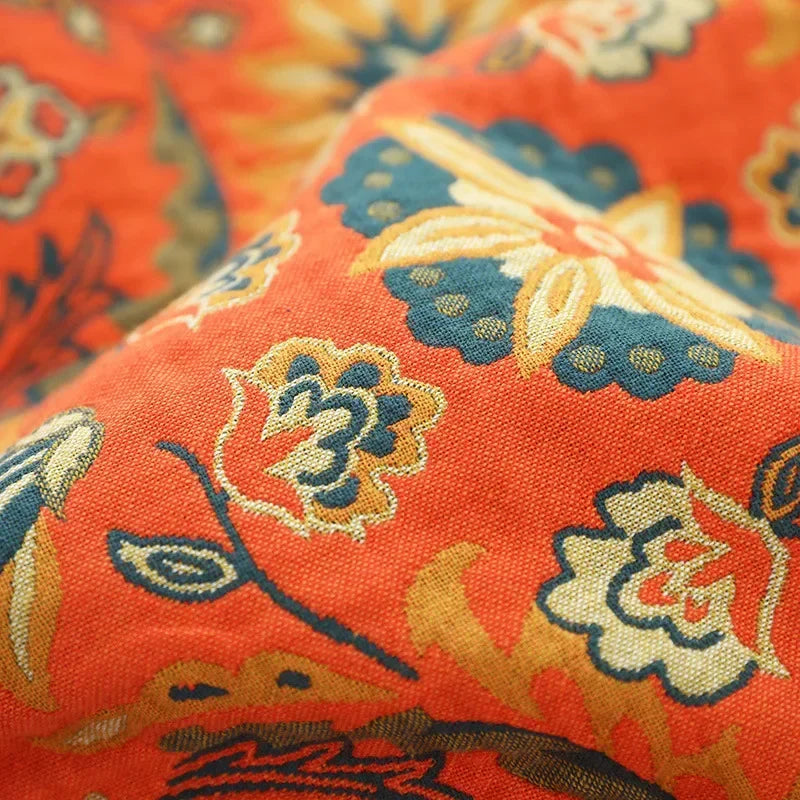 couverture coton boho chic motif floral orange bleu beige printemps automne anti boulochage utilisation