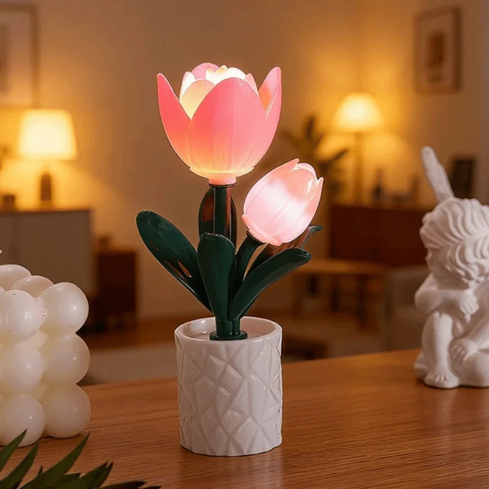 veilleuse fleur rose tulipe pot géométrique deco moderne chambre table lumière ambiance