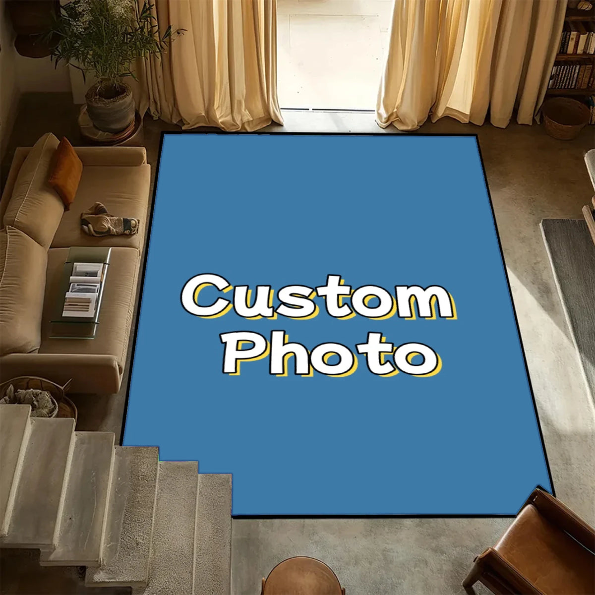 tapis photo personnalisable moderne bleu lettres blanches contour jaune salon rectangle