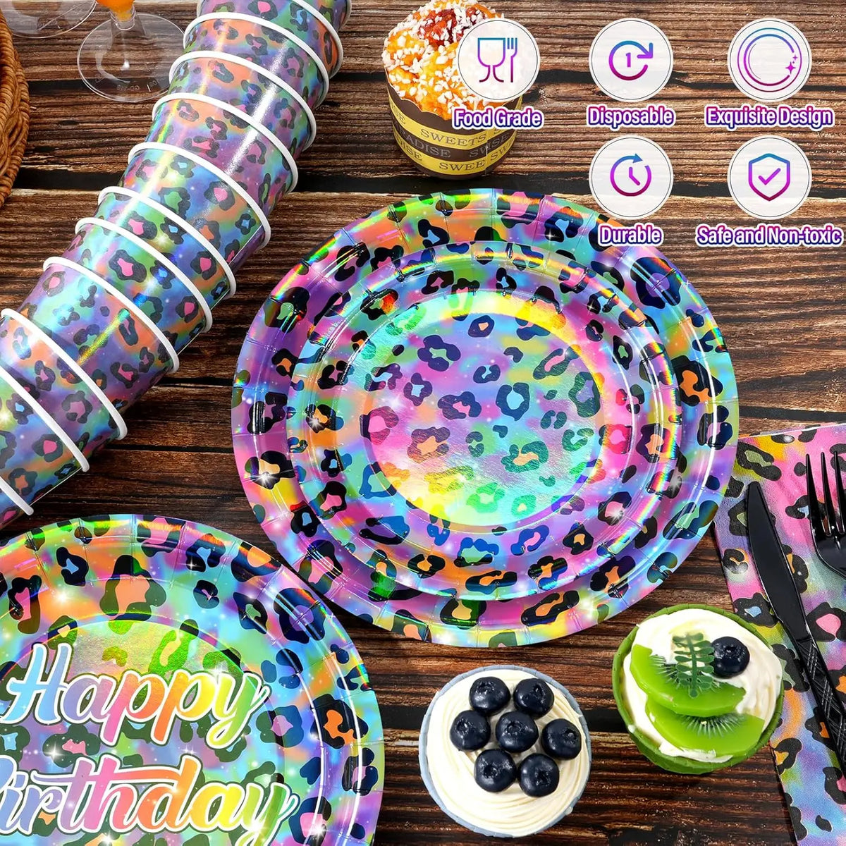 assiettes anniversaire imprimées léopard multicolore serviettes couverts verres festifs papier jetables fete enfants deco
