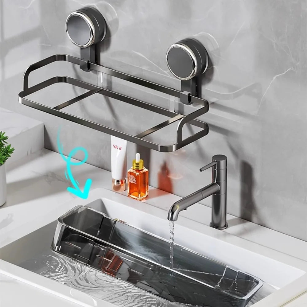 étagère salle bain moderne noir brillante adhésive minimaliste rangement pot crème pompe savon lotion