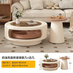 table basse moderne verre transparent plateau rotatif compartiment trois sections couleur beige marron clair