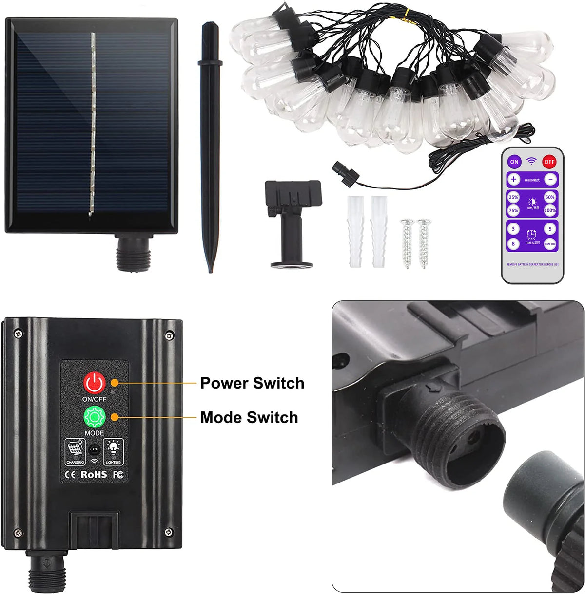 guirlande lumineuse solaire led ampoules edison vintage clips métalliques noir transparent