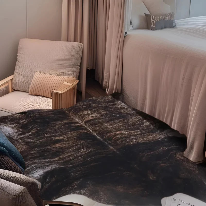 tapis marron blanc peau vache aspect naturel moderne rustique polyester jacquard rectangle salon chambre