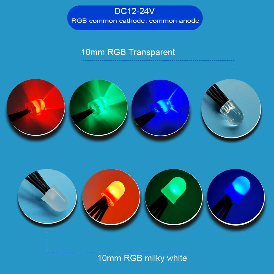 Diodes led rouges bleues vertes transparentes pré câblées 12V ronde modernes 20cm