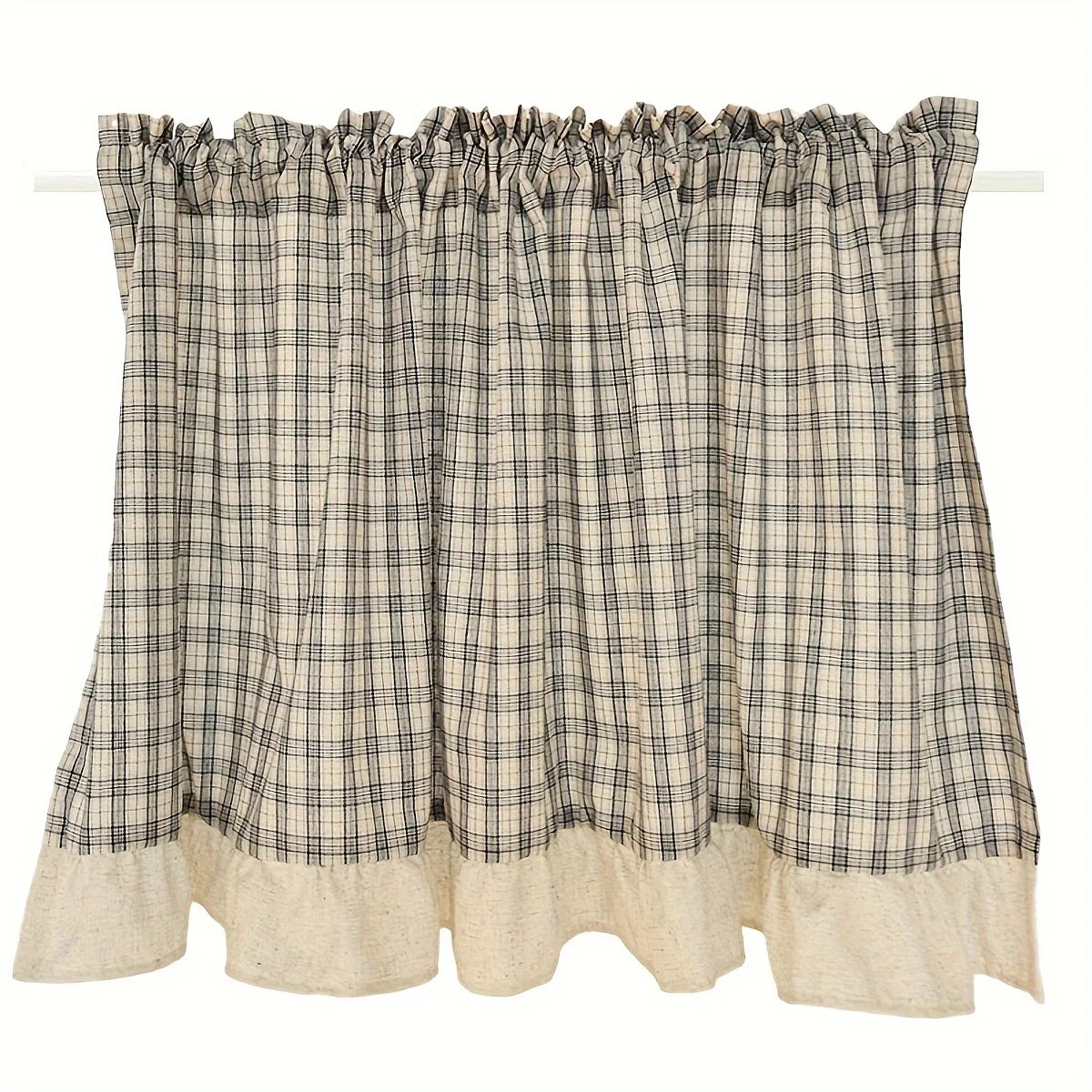 rideau vintage polyester carreaux beige gris opacique rustique cuisine salon