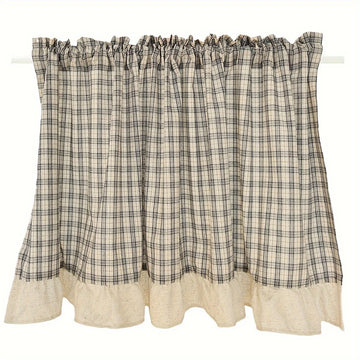 rideau vintage polyester carreaux beige gris opacique rustique cuisine salon