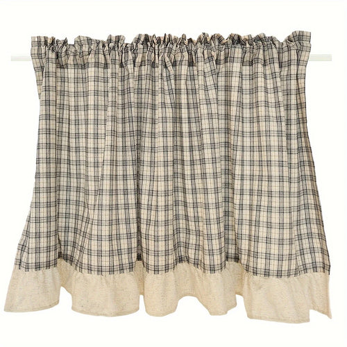 rideau vintage polyester carreaux beige gris opacique rustique cuisine salon