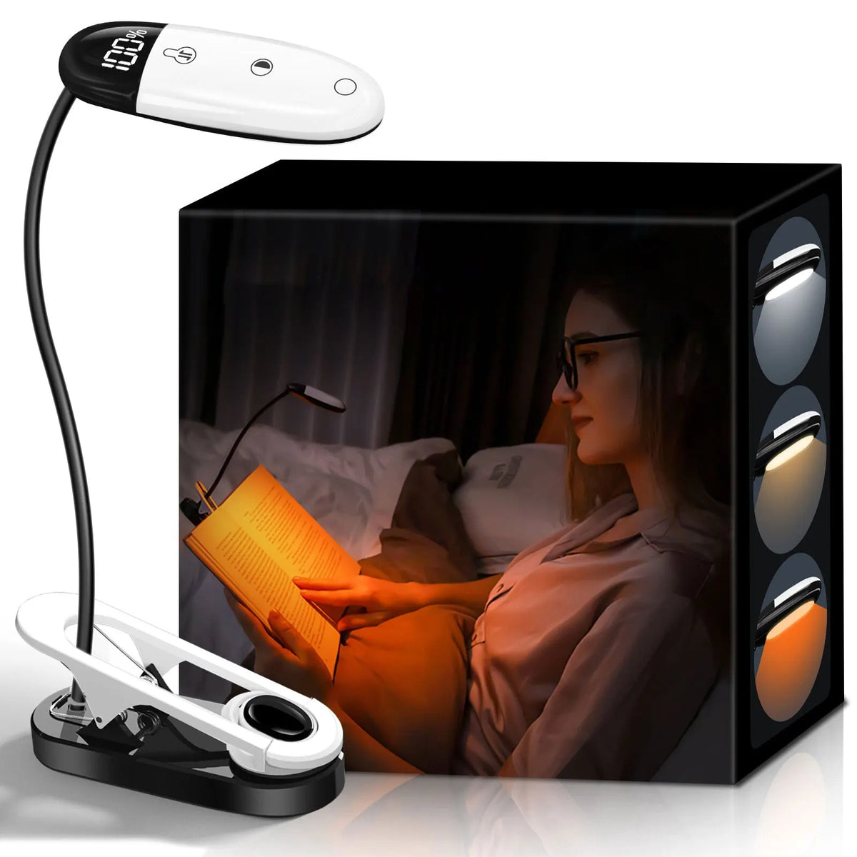 lampe lecture pinces rechargeable led blanc noir écran charge moderne minimaliste