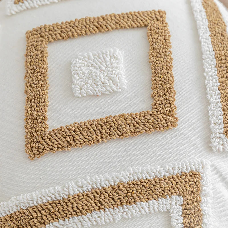 coussin moderne géométrique brodé 45x45cm 30x50cm blanc beige boho chic adhésif zippable amovible lavable