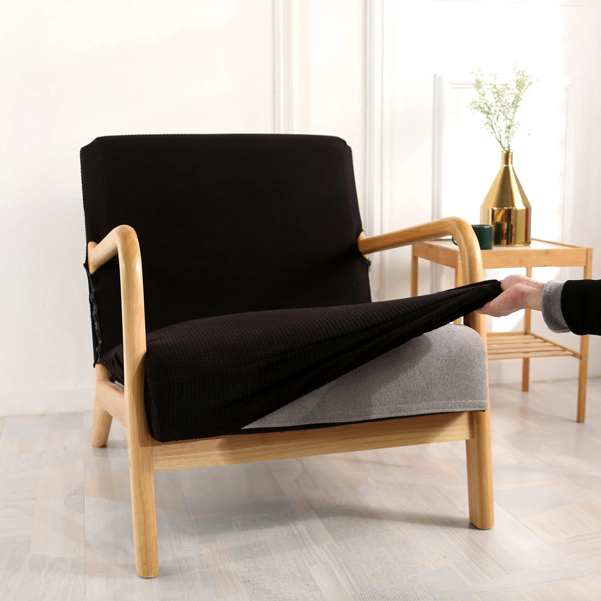 housse fauteuil moderne tissu carreaux beige rouge gris extensible polyester lavable echangetable