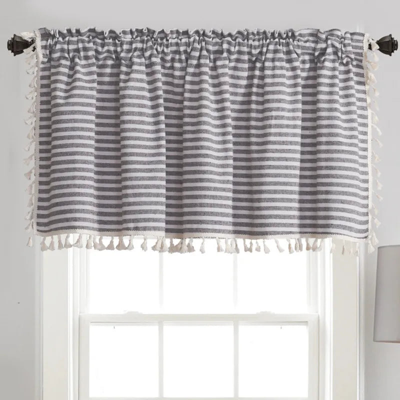 rideau cuisine bleu blanc gris rayures opacité classique pompons horizontal