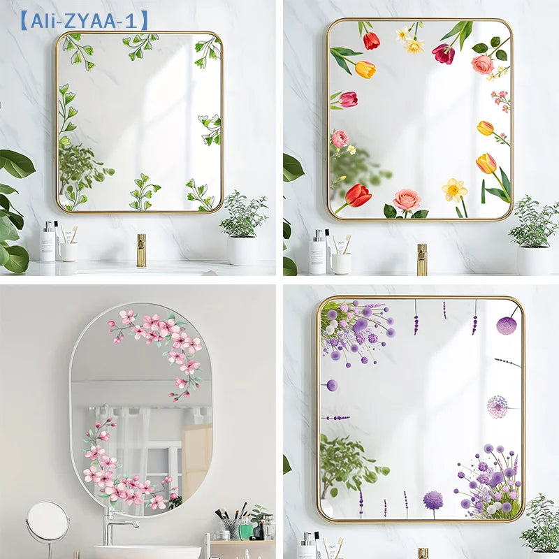 miroir adhésif moderne fleurs feuilles verte doré noir floral amovible chambre salle bain
