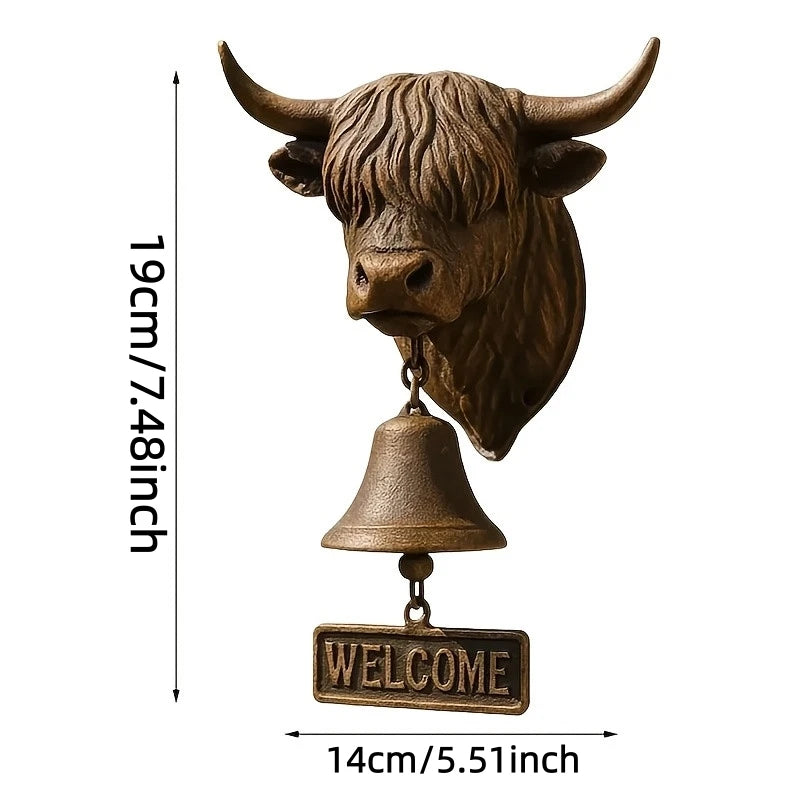 décoration murale tête taureau cloche bienvenue plaque marron doré rustique artisanalextérieurintérieur